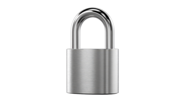 Secure Silver Lock: A close-up shot of a gleaming silver padlock, isolated, offering a minimalist view of protection and safety.