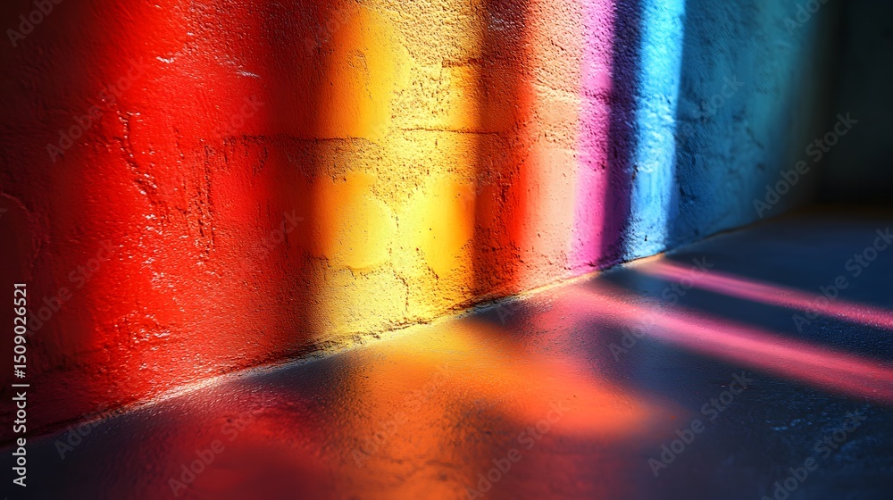Poster colorful light streams across textured walls, creating a vibrant and abstract composition. the strik