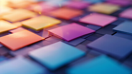 Colorful square tiles arranged systematic pattern create vibrant and visually appealing surface. glossy finish reflects light beautifully