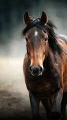 Majestic brown horse running in misty landscape during early morning light