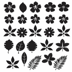 Silhouette Leaf Icons Collection for Nature and Botanical Projects Free Vector, Floral vector icons featuring a variety of flower types and designs showcasing nature in a minimalist style for design.