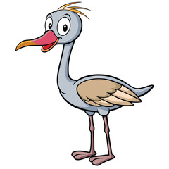 Cartoon pelican stands still, features a long neck, big eyes, and feathery details