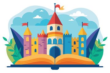 A charming cartoon fairy tale castle vector illustration, perched atop a hill, with towering spires and a majestic flag, perfect for a fantasy kingdom design