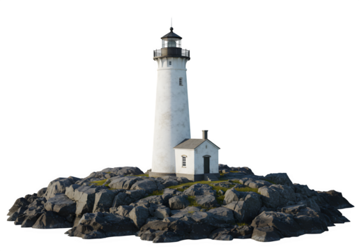 A lighthouse on a rocky island, isolated on white or transparent background. PNG