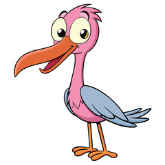 Adorable pink cartoon bird with orange beak stands playfully, looking charmingly towards you