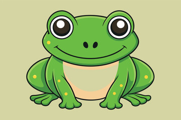 A cute, funny green cartoon frog illustration of a baby amphibian with big eyes sitting happily on a leaf in the wild
