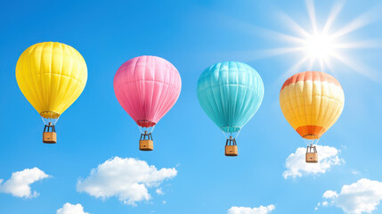 Obraz premium Colorful hot air balloons floating in clear blue sky with bright sunlight and fluffy clouds, creating cheerful atmosphere