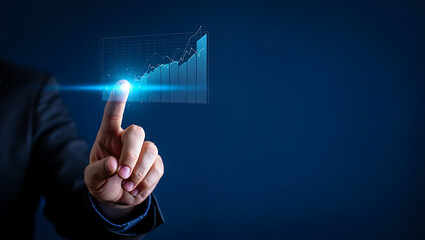 Hand pushing a digital button on a touch screen interface representing future technology and business communication concept