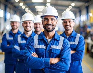 Confident industrial workers in uniform, arms crossed, smiling