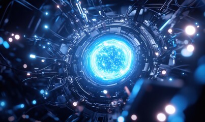 Obraz premium Futuristic energy core glows, complex machinery surrounds, dark background, sci-fi concept art, ideal for tech visuals