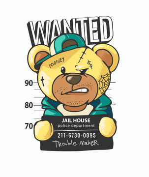 wanted slogan with cartoon bear criminal holding mugshot sign vector illustration created by hand drawn