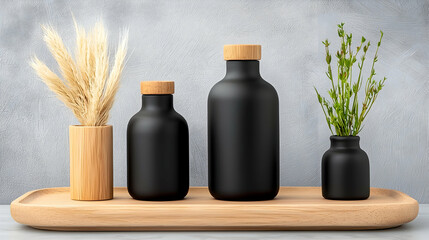 Black Bottles and Dried Flowers on Wooden Tray