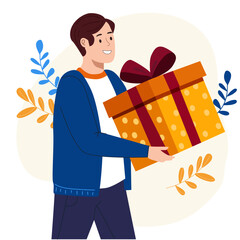 Man holding gift box in hands. Young man presenting wrapped present. Celebration, birthday, anniversary, holiday concept for greeting card.