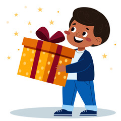 Dark-skinned boy holding big gift box with smiling expression. Young child receiving birthday present. Happy Kid on celebration party.
