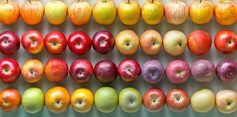 The collage consists of four images of different ripe apple varieties, namely Granny Smith, Starking, Gala, and Golden apples, arranged in rows at a grocery store