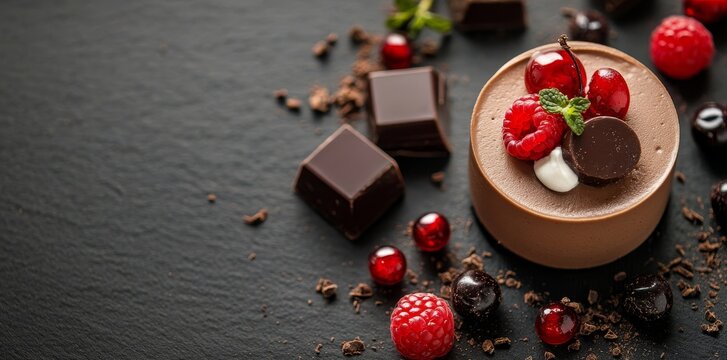 Bakery treats include a tasty, cream-filled chocolate mini cake with dragee, set against a blank background for text