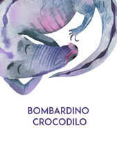 Watercolor cute postcard with sleeping crocodile bombardino.