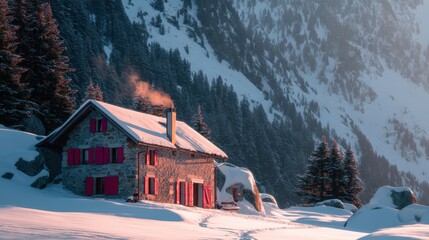 alpine cottage with red shutters in snowy evening light, chimney smoke rising