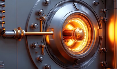 Futuristic vault door unlocking, glowing mechanism, security, technology