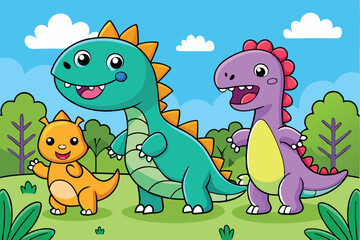 Naklejka premium A fun set of cute cartoon reptile and dinosaur animal illustrations