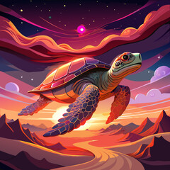 Sea Turtle Soaring Through a Vibrant Sunset Landscape