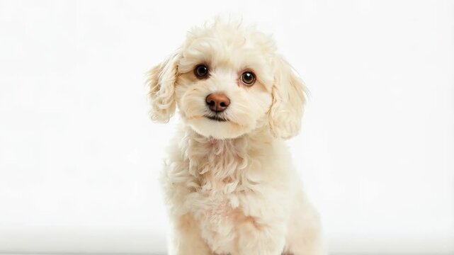 Cute Cavapoo Puppy Lying Down on White Background.  A fluffy, adorable Cavapoo puppy (a cross between a Cavalier King Charles Spaniel and a Poodle) lies down on a clean white background. 