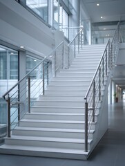 Obraz premium Sleek White Staircase with Modern Metal Handrail in Bright Space