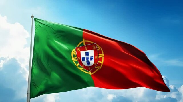 Portuguese Flag Waving Proudly in a Bright Blue Sky. The national flag of Portugal, with its green and red vertical stripes and the coat of arms, is waving in the wind against a backdrop 