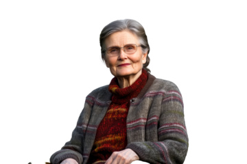 Elderly woman portrait, indoor setting, neutral expression, cut out transparent