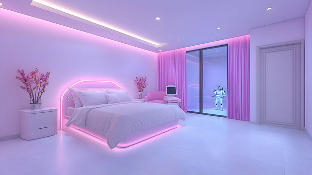 Modern Pink Minimalist Bedroom with LED Lighting and Futuristic Design