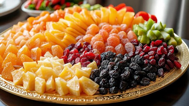 Close-up of a tray filled with sliced oranges, pineapple, dried fruit and kiwi.
