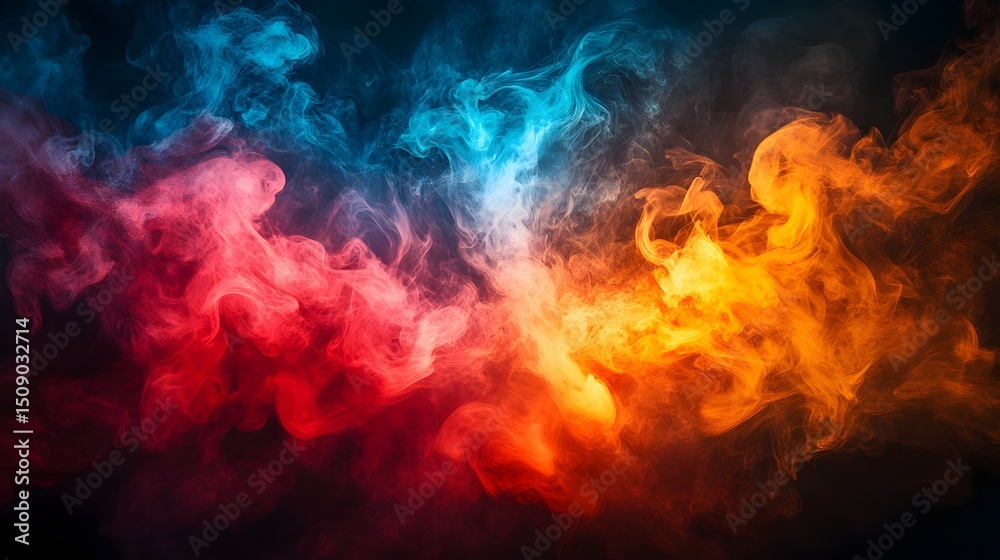 Poster an ethereal dance of vibrant smoke unfolds, a mesmerizing abstract creation blending fiery oranges, 