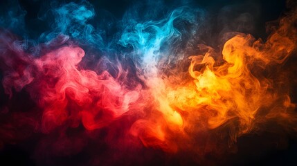 Fototapeta premium An ethereal dance of vibrant smoke unfolds, a mesmerizing abstract creation blending fiery oranges, radiant reds, and cool blues in a stunning spectacle of color and form against dark backdrop.