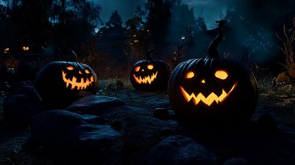 Halloween Night: Glowing Jack-o'-lanterns Illuminate the Dark Forest