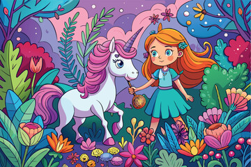 A whimsical vector illustration of a fairy tale princess with flowing hair, riding a horse amidst a floral fantasy design