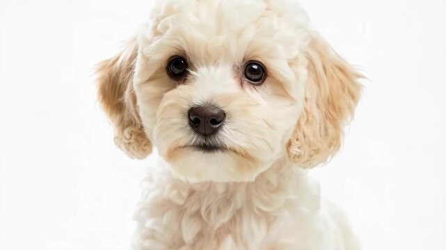 Cute Cavapoo Puppy Lying Down on White Background.  A fluffy, adorable Cavapoo puppy (a cross between a Cavalier King Charles Spaniel and a Poodle) lies down on a clean white background.