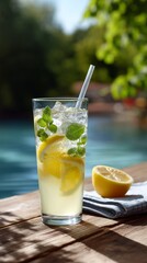 Fototapeta premium A tall glass filled with lemonade, ice, and mint leaves sits on a wooden table beside a pool