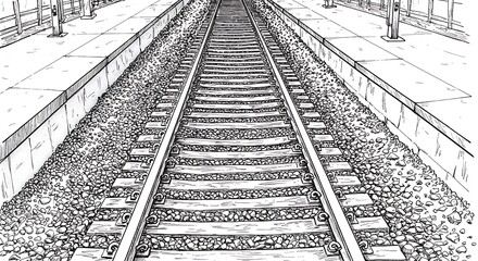 Drawing of Railroad Tracks Perspective at Station Platform