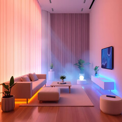 Futuristic Smart Home Interior with Volumetric Lighting, Japandi-Scandinavian Design, Touch Panels, Eco Furniture & Smart Planters