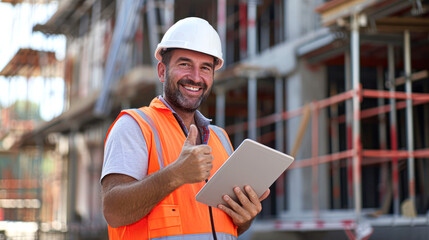 Construction worker in safety gear smiles and gives a thumbs up while holding a tablet at a building site.