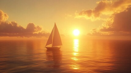 Fototapeta premium A lone sailboat drifting across golden waters as the sun sets in the background 