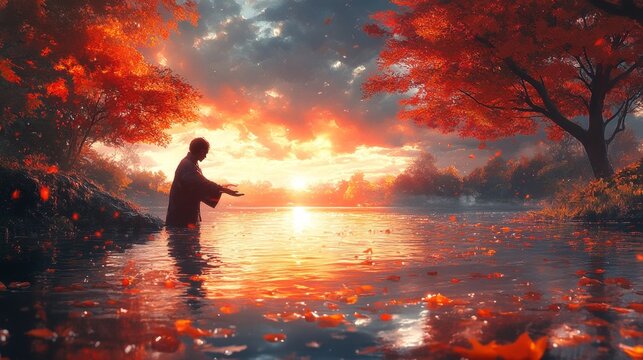 A lone traveler dips his hand into the river, but instead of feeling wetness, he feels memories flowing through his fingers.