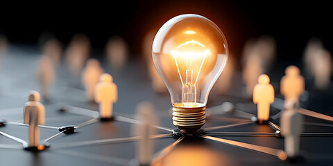 A glowing light bulb in the center of a network of figures, symbolizing innovation and connection in the modern business world.
