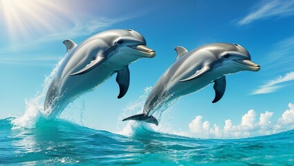 Two Dolphins Leaping From Ocean Waves Under Sunny Blue Sky	
