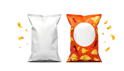 Chips packaging with one plain white bag and one red spicy-themed bag featuring chips and chili graphics, isolated on white