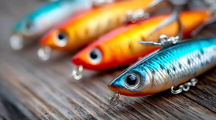 Colorful fishing lures arranged neatly on a wooden surface, showcasing intricate designs and vibrant hues, perfect for anglers and fishing enthusiasts.