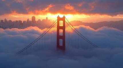 Golden Gate Bridge at sunrise, shrouded in fog