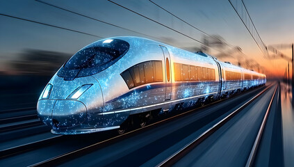 Naklejka premium A sleek, futuristic high-speed train gliding through the landscape at sunset, showcasing advanced technology and motion with a vibrant glow.