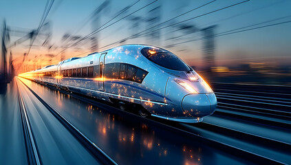 Naklejka premium A sleek, modern high-speed train glides through the landscape at sunset, showcasing the beauty of technology in transportation.