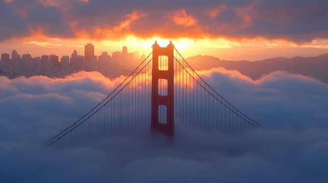Golden Gate Bridge at sunrise, shrouded in fog